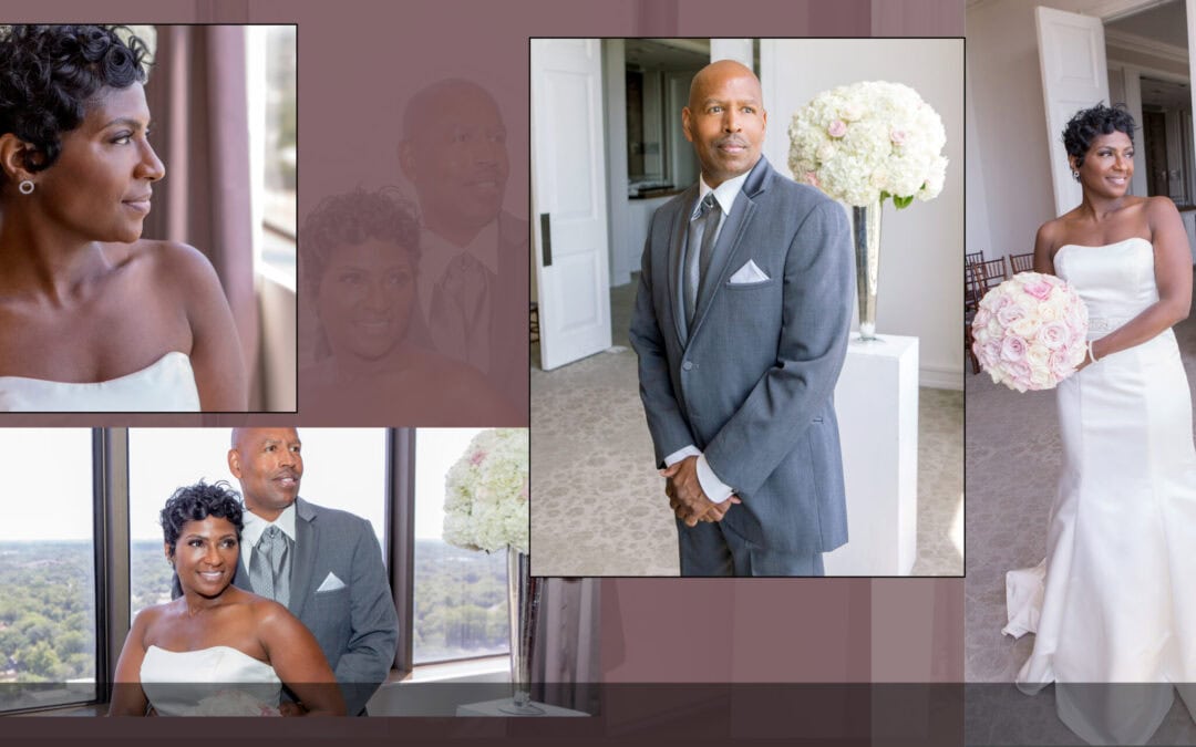 Elegant wedding portraits featuring bride and groom in stylish attire at WJR Studios.