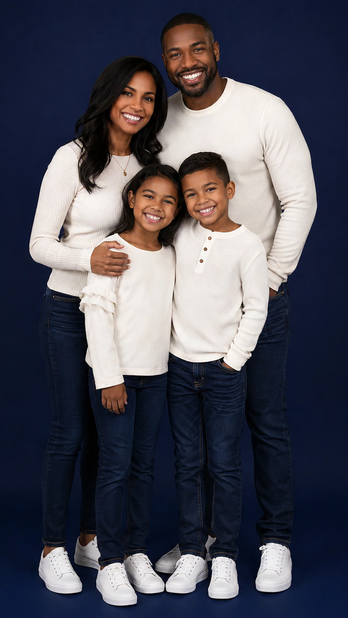 Happy family portrait of four with dark blue background.